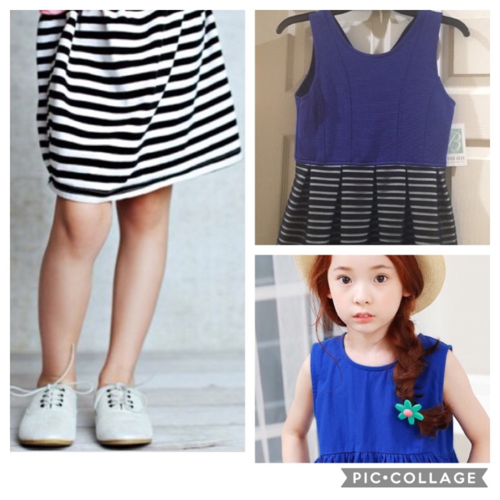 Little girl's sleeveless blue and black dress.